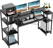 63 Large Industrial Computer Desk with Storage Shelves, Printer Stand & Bookshelf - Black