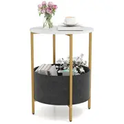 Costway 2-Tier Round Sofa Side End Table w/Storage Basket Metal Frame Accent Coffee Table Nightstand White