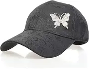 [NiceYnn] Women Print Flower Rhinestone Butterfly Baseball Hat, Charm Girls Sun Hat,Pre-Curved Bill Snapback Cap Casual Outdoor Sports Golf Visor, Adjustable One Size
