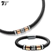 TT 8mm Leather Steel Greek Patten Magnet Buckle Collar Necklace+Bracelet Rose