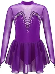 [Yhong] Kids Girls Long Sleeve Gymnastic Skating Dress Sparkly Rhinestones Mesh Splice for Ballet Dance