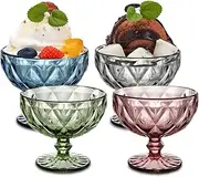TIMEFOTO Ice Cream Glass Bowls Set of 4 Colored Large Dessert Bowls 12.5 Oz Vintage Diamond Glass with Footed Sundae Snack Cups for Farmhouse Holiday Party