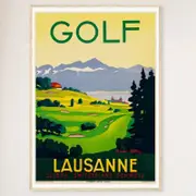 Galrie Lausanne Vintage Golf Poster - Stunning Swiss Landscape Art, Wood Frame, A1 60 x 84cm (23 x 33inch)