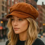Women's Vintage Corduroy Newsboy Cap - Coffee Brown Octagonal Beret Hat, Non-Stretch Elastic-Free Fit, Packable Hand Washable for Autumn Winter Casual Outfits