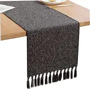 Black Table Runners 13 x 120 Inches Long Rustic Table Runner Boho Style Table Cloth with Tassels Farmhouse Table Runner for Home Dining, Coffee, Tea and Kitchen Farmhouse Table Runner Table Runner Bo