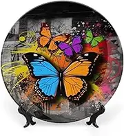 Graffiti butterfly decorative plates with ceramic decorative plate for display, boho style dinner plate with display stand, china plate for decoration
