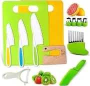 13Pcs Kitchen Knife Set for Toddlers, Montessori Kitchen Tools -Kids Safe Plastic & Wooden Cooking s for Real Cooking with Serrated Plastic Knife ,Kids Cutting Board,Potato Slicer,Fruit Cutters,Peeler