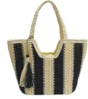 [Generic] Striped Summer Shoulder Bag Large Vacation Bag Woven Holiday Travel Handbag with Tassel for Women Work Travel Vacation