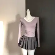 Balletcore Long-Sleeve V-Neck Plain T-Shirt / Scoop Neck Ruched Tank Top / Elastic Waist Mini A-Line Skirt T-Shirt - Purple - M