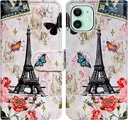 iPhone 13 Case,Bcov Paris Tower Butterfly Leather Flip Phone Case Wallet Cover with Card Slot Holder Kickstand for iPhone 13