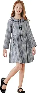[SOLOCOTE] Girls Plaid Dress Cotton Casual Spring Long Sleeve Dresses Peter Pan Collar 3-14Y