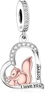 [Mon & Sons] Squirrel I Love You Forver Love Heart Mother Daughter Charm Bead Pendant 925 Sterling Silver Dangle Compatible With Pandora Charm Bracelet, Metal