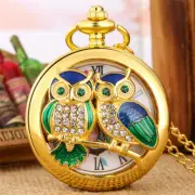 Diamond-encrusted Handicraft Two Owl Pattern Quartz Pocket Watch with Chain Gift