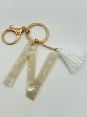 Key Chain Gold tone Acrylic Letter N Tassel Boho