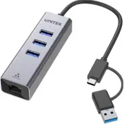 Unitek 4-in-1 USB Multi-Port Hub with 2-in-1 Connectors (USB-C & USB-A) - Space Grey Includes 3x USB-A 3.0 Ports - 1x Gigabit Ethernet RJ45 Port - Plug & Play - AluminiumIn Alloy Housing [Y-3088B]