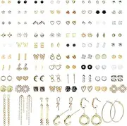 [Jstyle] 90Pairs Stud Earrings for Women Multipack Cute Earrings for Sensitive Ears Hypoallergentic Bear Flower Heart Ball Pearl CZ Star Hoop Dangle Earrings Set