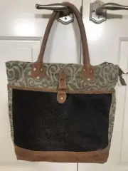 Chloe & Lex Leather Cow Hide Cotton Recycled Canvas Patchwork Tote Bag
