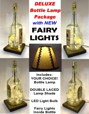 YOUR CHOICE Liquor Bar Bottle LAMP w/ DOUBLE LACED Shade FAIRY LIGHTS & LED Bulb