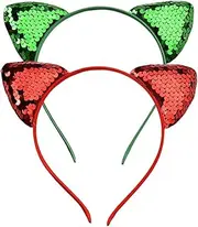 Kitty Cat Ears Headband for Adult Kids Sequin Car Ears Hairbands Head Bands Cat Headband for Girls Cat Costume Cosplay Party Accessories Favors Red Green Christmas Hair Bow Headband for Festival