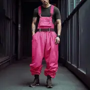 INCERUN Men Suspender Wide Leg Overalls Cargo Pants pink XL