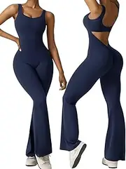 [Vertvie] Sleeveless Flare Jumpsuits for Women Sexy Backless Bodycon V Back Scrunch Butt Yoga Rompers Seamless Workout Bodysuit