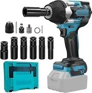 1000 Nm Battery Impact Wrench Compatible with Makita 18 V Lithium Battery, Professional 1/2 Inch Impact Wrench A-kku for Car Tyre Change, A-kku Rotary Impact Wrench High Torque with 6 Sockets (1000 NB