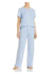 AQUA Womens Light Blue Short Sleeve T-Shirt Lounge Pants Cotton Blend Pajamas L