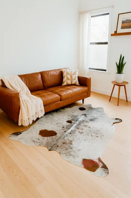 Tricolor Salt & Pepper Cowhide Rug – Real Leather Area Rug -Brown, Black & White