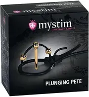Mystim Plunging Pete E-Stim Silicone Corona Strap with Gold-Plated Urethral Sound, Black