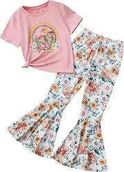 [WDIRARA] Girl's 2 Piece Outfit Floral Print Graphic Short Sleeve Tee Figure Graphic and Bell Bottom Flare Leg Pants Set