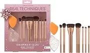 Real Techniques Wrapped In Glow Brush + Sponge 9 Piece Set, Complete Makeup Brush Set, Foundation Sponge, Seamless Blending & Travel Case, Stocking Stuffer