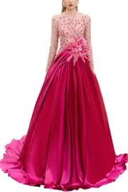 [TRACY STUDIO] ZOE BALL GOWN SEQUIN DUCHESS SATIN EXTRA LONG LENGTH DRESS PINK XL
