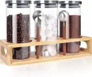 Sleek Airtight Food Storage Jars with Wooden Shelf - Perfect for Coffee & Sugar