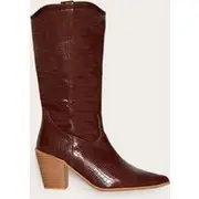 Brown PU Wide Fit Croc Point Toe Knee High Western Boots, Brown