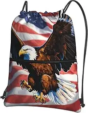 Eagle With Usa Flag Print Drawstring Backpack Gym Bags Sports Bags With Zipper Pocket For Travel Swimming Beach, Black, One Size