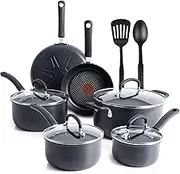 T-fal E765SC Ultimate Hard Anodized Scratch Resistant Titanium Nonstick Thermo-Spot Heat Indicator Anti-Warp Base Dishwasher Safe Oven Safe PFOA Free Cookware Set, 12-Piece, Gray