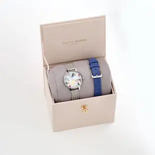 【Olivia Burton】POP ART-鋼色殼太陽紋彩屑彩繪銀面藍色ECO帶腕錶搭鋼色米蘭帶組-30mm(OBGSET151)