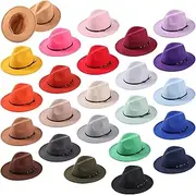 [Sureio] 24 Pcs Women Fedora Hats Bulk, Panama Hat Wide Brim Hats Belt Buckle Felt Fedora Hat Classic Stylish Fall Hats Country Ladies Hats Packable for Women Men Vacation Assorted Colors, Bright Color, Medium
