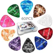 60 Pcs Guitar Picks with 6 Different Thickness Variety Colorful Celluloid Plectrums for Bass, Electric, Acoustic Guitars Ukulele - Included Organizer Box