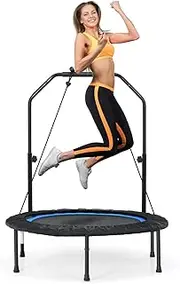 40" Folding Fitness Trampoline, Portable Mini Jumping Rebounder, 150KG Capacity, w/ 109-129cm Adjustable Handrail, Resistance Bands, for Indoor/Outdoor Sports, Fitness, Yoga, Jumping, Cardio, Exercise (Blue)