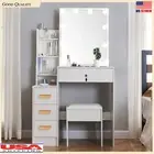 Vanity Table Set Dressing Desk w/ Cushioned Stool LED Mirror Makeup Table White