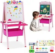 Kids Art Easel,Double-Sided Wooden Easel for Kids with Paper Roll,Height Adjustable Standing Easel with Puzzle Tangram Toys,Storage Box and Other Accessories,Easel for Toddlers 3-10 Years