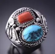 Size 11-3/4 Silver & Turquoise w/ Coral Navajo Ring by Leonard Spencer 4A12V