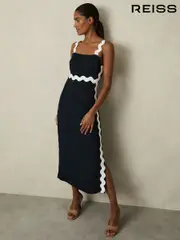 Reiss Navy Asher Wave-Trim Crepe Midi Dress (AU4905) | $395