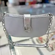 Michael Kors Carmen Small Pouchette Handbag Purse Shoulder Bag Crossbody Silver