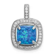 Sterling Silver Rhodium-Plated Blue Square Created Opal W/Cz Pendant
