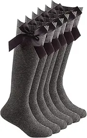[COSHAL] 3 Pairs Girls Knee High School Socks Cotton Socks with Fluffy Ribbons Bow, Back to School Socks Uniform Party Wear Long Socks Girls Bow Knee High School Socks