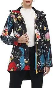 [Woitury] Womens Rain Jacket with Hood Floral Print Zip Up Pockets Fleece Lined Long Trench Coat Outdoor Softshell Windbreaker