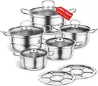 "12-Piece Stainless Steel Cookware Set, Induction-Compatible, with Glass Lids, E