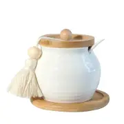 Sugar Bowl with Lid and Spoon,White Ceramic Sugar Container With Bamboo Lid a...